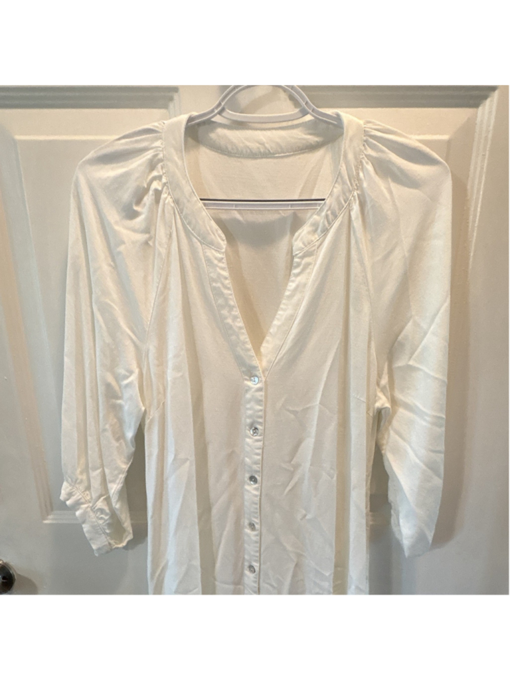 White Shirt Dress V-Neck Puff 3/4 Sleeve Button Front Long Size S Rayon